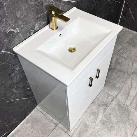 Tess 650mm Vanity Unit White Gloss with Brushed Brass Handles Square 2 Doors, Without Tap (1/5)
