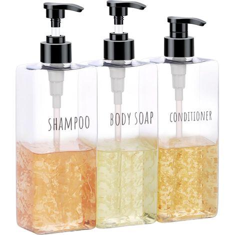 3 Pièces - Distributeur de Savon - Flacon Pompe - Rechargeable 500ml avec Étiquette Imperméable pour Salle de Bain et Hôtel Transparent 500ml (1/5)