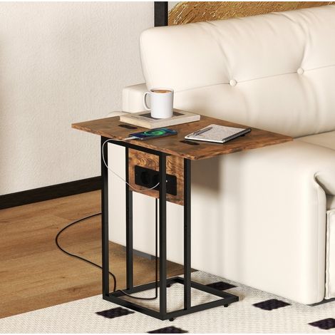 Mesa auxiliar plegable con carga USB metal marrón OKMYHOME (1/5)