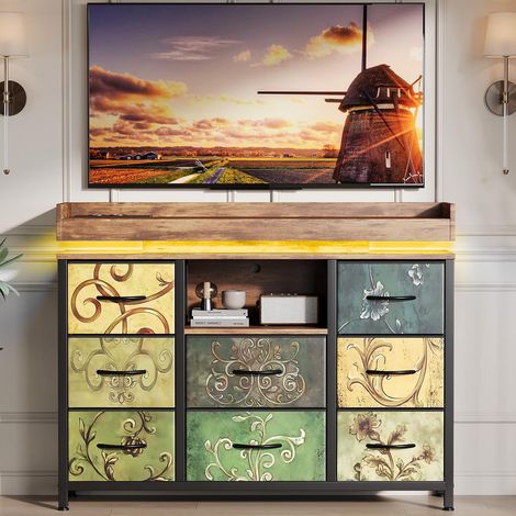 Commode 8 tiroirs, buffet salon, espace de stockage ouvert, éclairage LED, structure en métal, Pieds réglables en hauteur, 108x30x80 cm - Multicolore (1/5)
