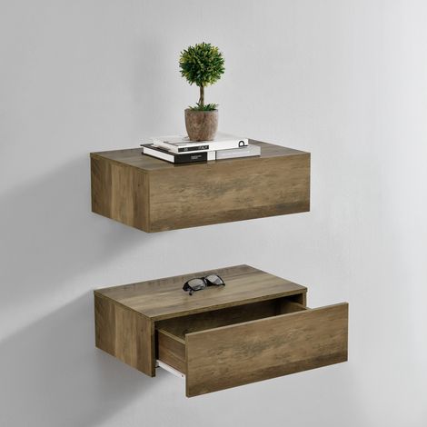 Set de 2 Mesitas de noche de pared Oslo con cajón - Efecto madera - 46x30x15cm [en.casa] (1/5)