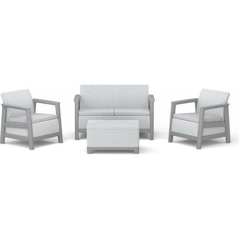 Salon d’extérieur 4 places Keter Scandi Linea résine gris clair et gris perle avec table de rangement et coussins gris 6 cm