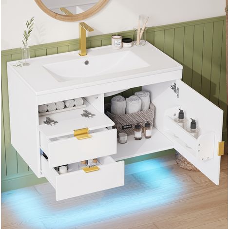 Hängender Waschtischunterschrank 76 cm mit Keramikbecken, LED-App, Weiß, MDF, OKWISH (1/5)