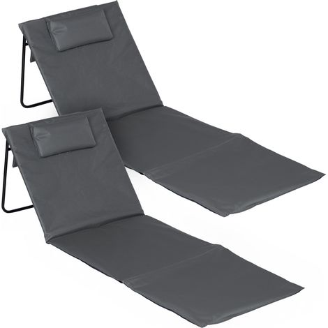 2er Set faltbare Strandliege in grau ca. 145 x 48 x 45 cm mit verstellbarer Rückenlehne, Kopfkissen und Tragegurt