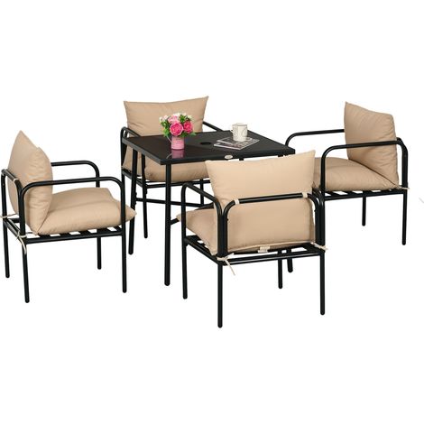 Set di mobili da giardino composto da 5 pezzi: tavolo e sedie, 1 tavolo quadrato, 4 sedie e 4 cuscini.