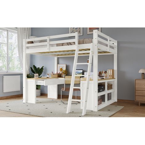 Lit mezzanine enfant 140 x 200 cm avec bureau en U, 2 tiroirs et étagère, escalier à cinq marches et garde-corps, bois, blanc (1/5)