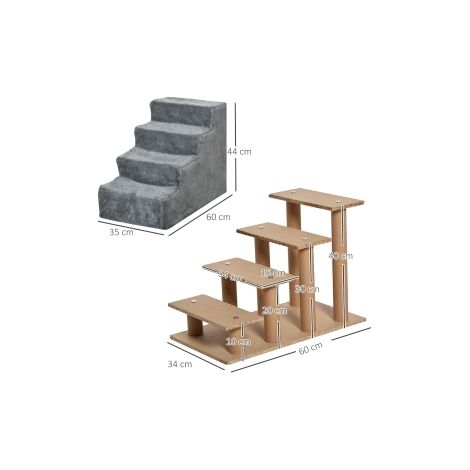 Escalier pour chien à 4 marches, 35 cm, escalier pour chat pour lit et canapé, escalier pour animaux pour chiens et chats jusqu'à 5 kg, aspect peluche, gris clair (1/5)