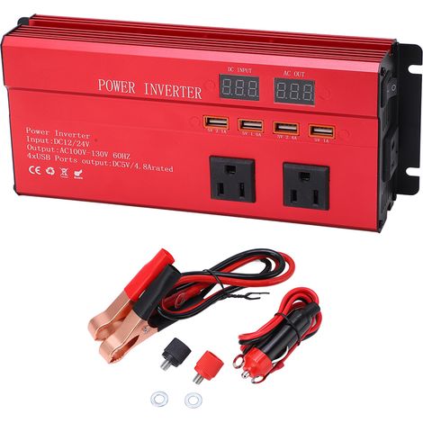 Onduleur solaire à onde sinusoïdale pure haute puissance, en alliage d'aluminium, avec port de charge USB, fiche américaine rouge (1/5)