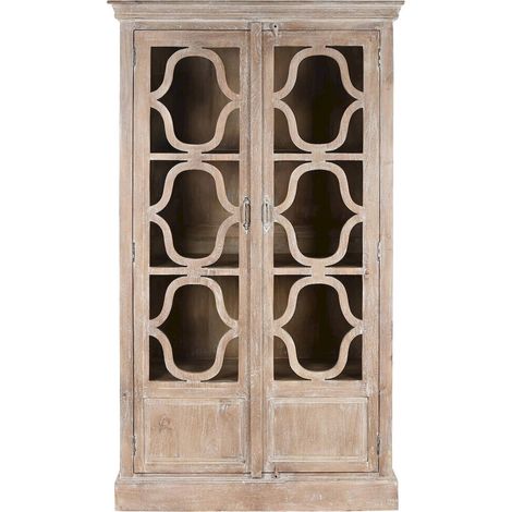 Vitrine élégante en bois de manguier blanc décapé - Blanc vieilli avec accents bois (1/5)