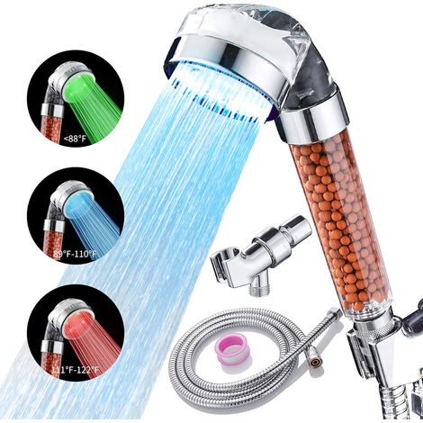 Pommeau de douche avec éclairage LED à couleurs changeantes, filtration par filtre, jet économique, douchette à main avec flexible et base pour peaux et cheveux secs, avec pommeaux de douche à tempéra
