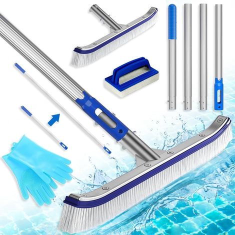 43 cm lange Schwimmbad-Reinigungsbürste mit längenverstellbarer Aluminiumstange und verstärkter Edelstahlrückseite, Schwimmbadbürste mit gebogenen Enden, vordere Reinigungsbürste