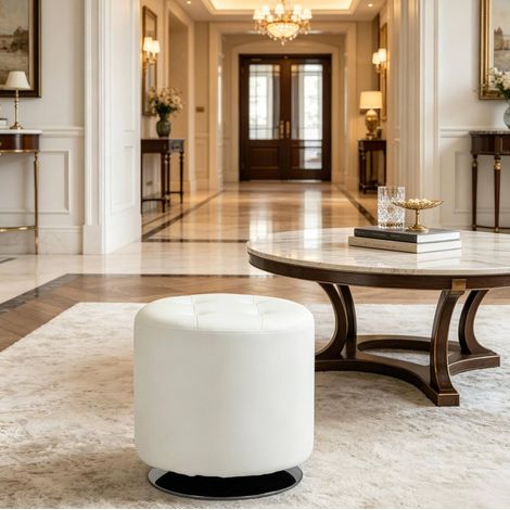 Poggiapiedi rotondo girevole 45,5x45,5x44,5 cm bianco, seduta PU imbottita, acciaio cromato (1/5)