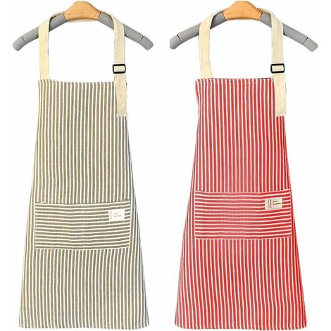 2 Pièces, Tablier, Tablier en Coton et Lin, Tablier de Cuisine, Tablier de Nettoyage, Ajustable, Convient pour La Maison et La Cuisine (rouge+gris), (1/5)
