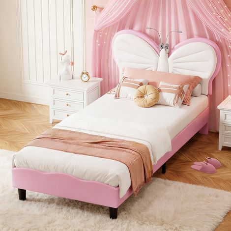 Lit Enfant Fille 90x200CM avec LED, Tête de Lits Réglable en Hauteur en Forme de Papillon, Cadre de Lit Simple,Sommier à Lattes,Velours et PU,Rose (1/5)