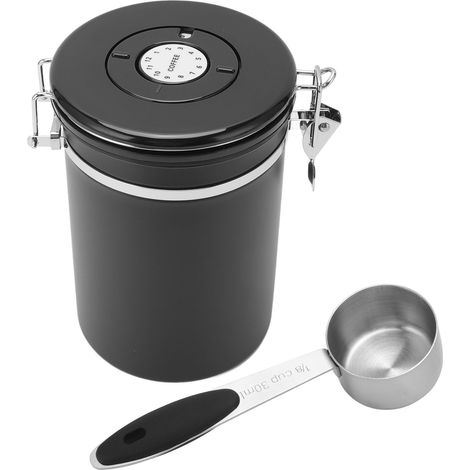 Boîte de conservation pour grains de café en acier inoxydable, hermétique, avec cuillère doseuse de 30 ml et fonction de suivi de la date. Capacité : 1,8 L, couleur noire. (1/5)