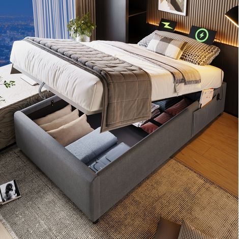 Cama con espacio de almacenamiento en lino de algodón gris 90x200 cm, con USB/Type-C y base de madera maciza (1/5)