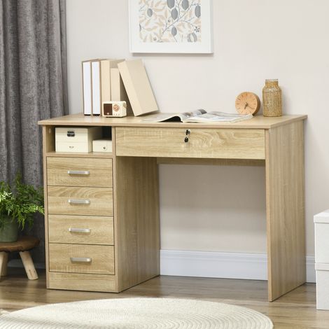 Bureau en bois pour chambre ou bureau avec 2 tiroirs et 2 clés, 110 x 50 x 76 cm, blanc (1/5)