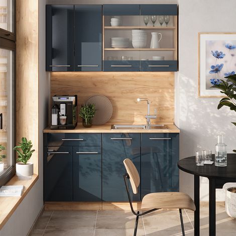 Cocina para solteros Fame-Line, Azul oscuro alto brillo/roble dorado, 140 cm , ET Roble, Vicco