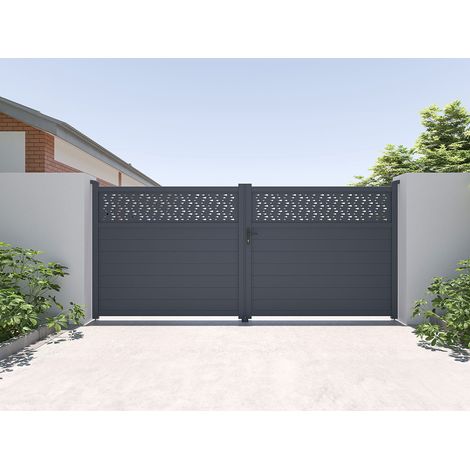 Portail battant aluminium semi plein à motifs L397 x H180 cm anthracite - BAZIO (1/4)
