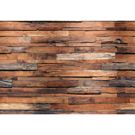 Papier peint panoramique bois marron | Tapisserie panoramique trompe l'oeil planche de bois | Papier peint panoramique 3D salon moderne - 366 x 254 cm (8 pièces) (1/2)