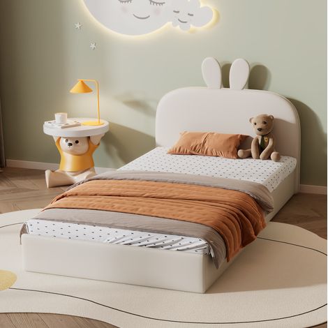 MEUBLIV Lit 90x200 cm beige – tête de lit lapin, 12 lattes en bois, sans matelas (1/5)