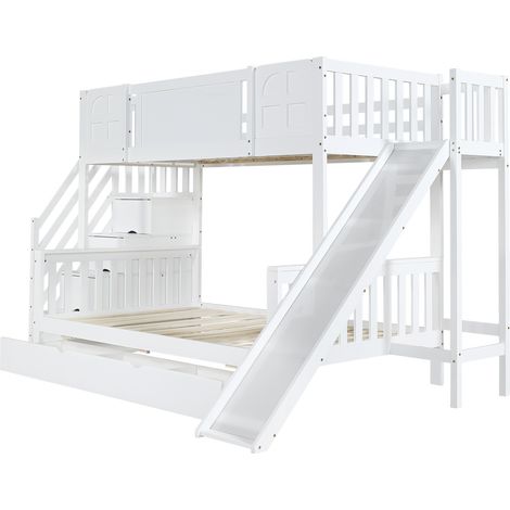 Kinder-Etagenbett mit Rutsche, Fenstern, Stauraum und Treppe, Weiß, 90 x 200 cm (1/5)