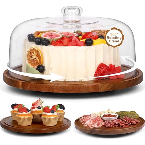 Plateau tournant à gâteaux avec grand couvercle transparent, Support à gâteau en bois – Présentoir décoratif – Idéal pour mariage et fête – Plateau rotatif rond (1/5)