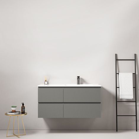 Mobile bagno sospeso cannettato 100 cm Grigio Londra Lavabo a Destra in Ceramica Senza Specchio - Fiji Paint