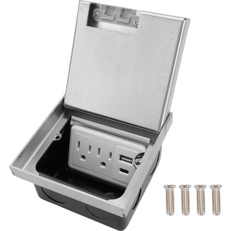 Prise encastrée Double prises à 3 broches Port USB A C Kit de boîte de prise électrique pour carrelage de moquette sol en marbre argent (1/5)