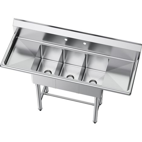 Mophorn Lavello a 3 Scomparti Rettangolare in Acciaio Inox 304, Autoportante con 3 Vasche Multiuso, dotato di 2 Scolapiatti e Paraschizzi. 254 x 356 x 254 mm, ideale per esterni, garage e cucina. (1/5)