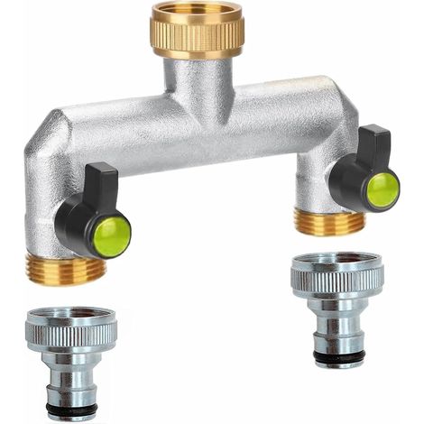Robinet Distributeur 2 Voies, Robinet Double Sortie Répartiteur d'eau, Distributeur d'eau 3/4, Adaptateur Robinet Tuyau Arrosage, Connecteur de Robinet 2 Voies pour Maison, Jardin (1/5)
