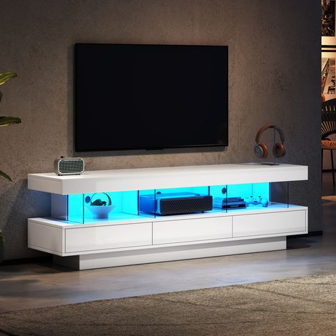 Mueble TV blanco brillo con LED y vidrio para salón moderno OKMYHOME (1/5)