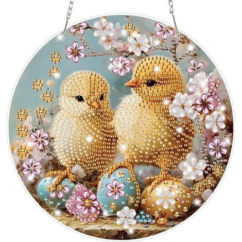 5D Diamant Painting Set Ostern Küken mit Blumen, Fensterbild Bastelset zum Aufhängen (1/4)