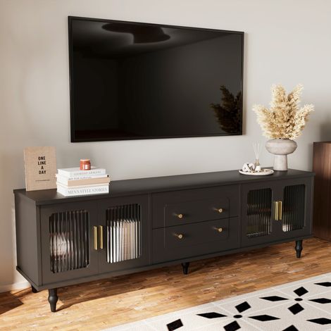 DESMIU Meuble TV 4 portes et tiroirs avec rangements, pour salon, en panneau de particules, noir 175 × 38 × 55,5 cm (1/5)