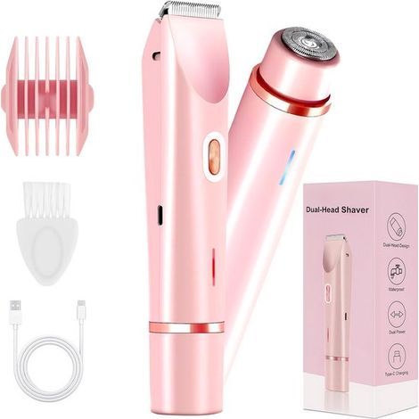 Afeitadora eléctrica 2 en 1 para mujer: recortadora de la línea del bikini y afeitadora para piernas, axilas y rostro. (1/5)