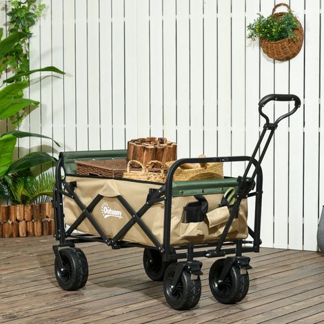 Carrello da Giardino 110L con Maniglia Telescopica e Fondo Apribile in Acciaio e Tessuto Oxford, Cachi