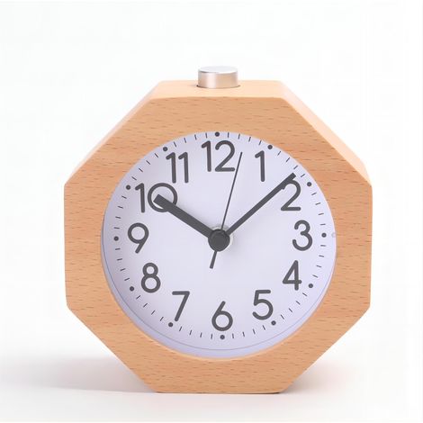 Reloj despertador analógico de madera, LED silencioso con números arábigos, luz nocturna, función de repetición de alarma, funciona con pilas, fácil de configurar para niños, hombres y mujeres. (1/5)