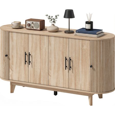 Buffet salon, meuble de rangement ovale avec 4 portes et 2 étagères réglables, 147x40x76cm, chêne (1/5)