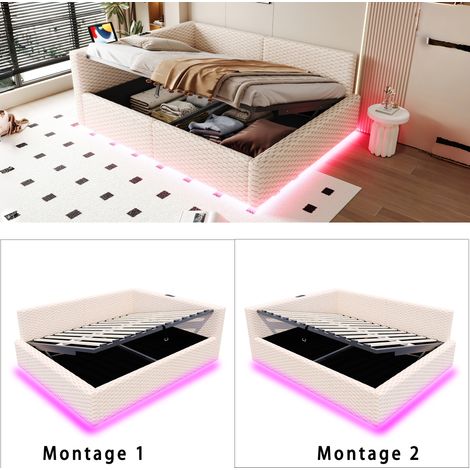 Polsterbett 140x200 cm mit Stauraum und LED-Beleuchtung, Multifunktionsbett aus Samt mit USB-Anschlüssen und hydraulischem Bettgestell, Beige (1/5)