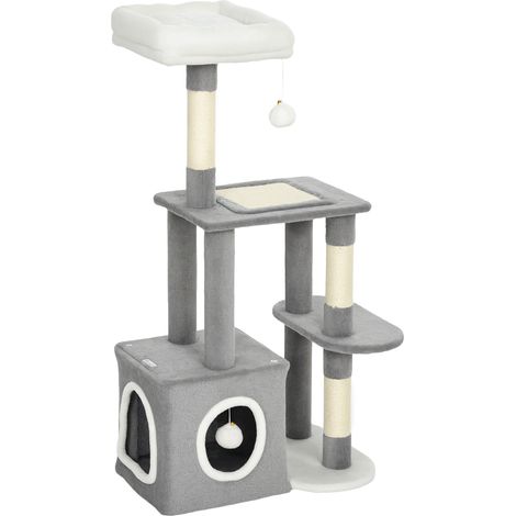 Albero Tiragraffi per Gatti con Casetta e 2 Palline 55x40x107cm Grigio e Bianco