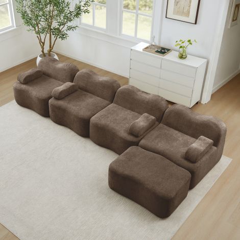 Canapé modulable 4 places en L sans armature marron avec 1 pouf. Mousse haute densité 32D, design ondulé, tissu doux et accoudoirs mobiles, idéal pour le salon. (1/5)