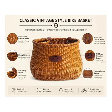 Natural Wicker Bike Basket Cup Holder Front Handlebar Vintage Classic Style Handmade (1/2)