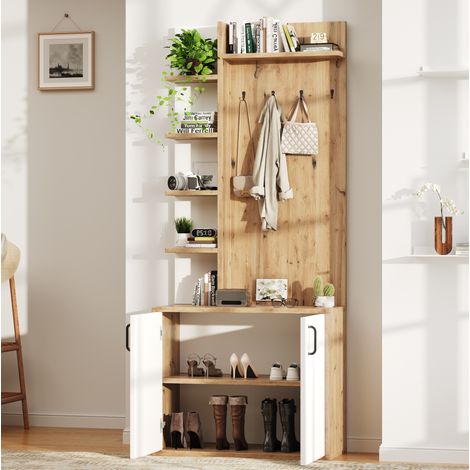Mobile portascarpe da ingresso con ganci, 75 x 33 x 180 cm, legno naturale e bianco (1/5)