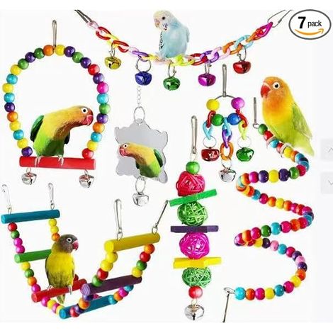Lot de 7 jouets pour oiseaux en bois naturel, structure d'escalade avec balançoire, échelle, cloche et miroir, jouet pour perroquet pour grignoter et escalade, accessoires de cage pour perruches et (1/5)