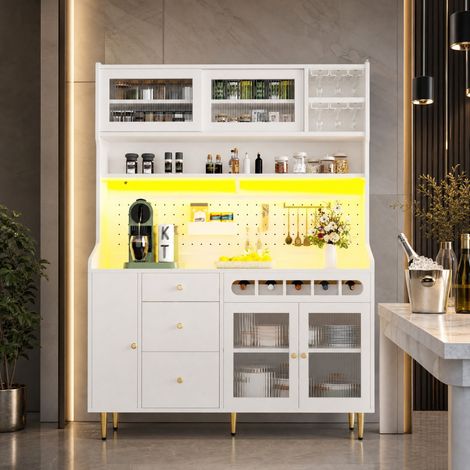 Mueble alto de cocina 145 x 39 x 171 cm con LED, estantes ajustables, blanco DESVIAE (1/5)