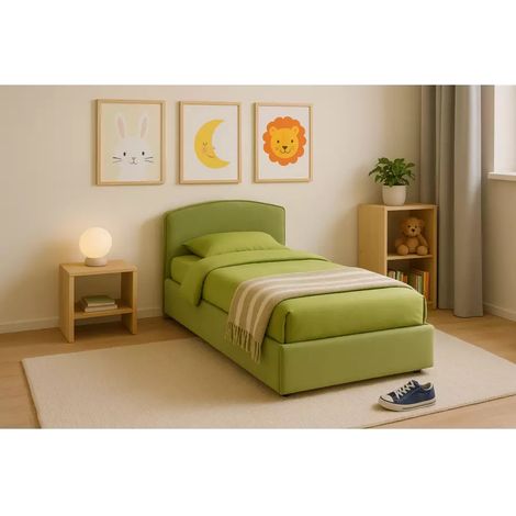 letto singolo contenitore "moon" rivestito in tessuto verde 90x190 cm (1/4)