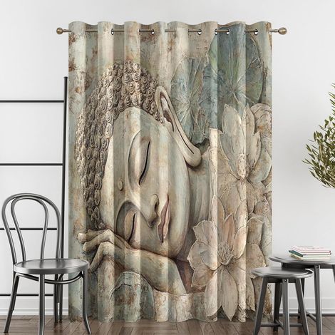 Rideau Occultant Statue De Bouddha 3D, Enfants Adultes Motif Rideaux Thermiques à Oeillets, Rideaux Imprimé pour Salon Chambre Fenetre Moderne Décoration, 140x160 cm (L x H), Lot de 2 - 140L X 160H cm (1/5)
