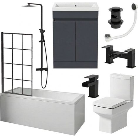 Complete Bathroom Suite 1700mm Bath Black Shower Screen Basin Vanity Toilet Taps (1/5)