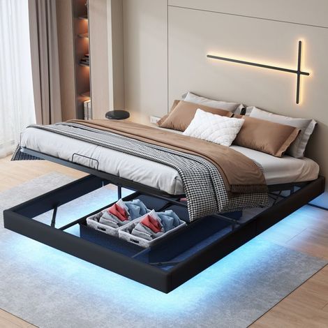 Bettgestell, Bett 160x200 cm, Bettkasten für Erwachsene mit LED und Stauraum, 2 Personen, Doppelbett mit Knopfheftung, Lattenrost, Schwarz