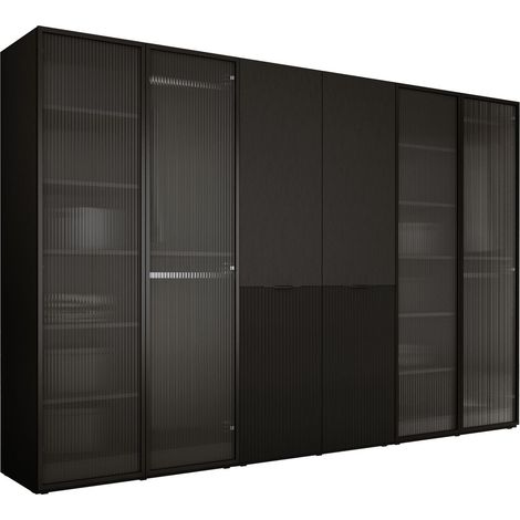 Armoire moderne 6 portes en verre rainuré et MDF noir graphite – Dimensions 300 x 200 x 51 cm – Montage facile avec notice incluse – 3Xe Living